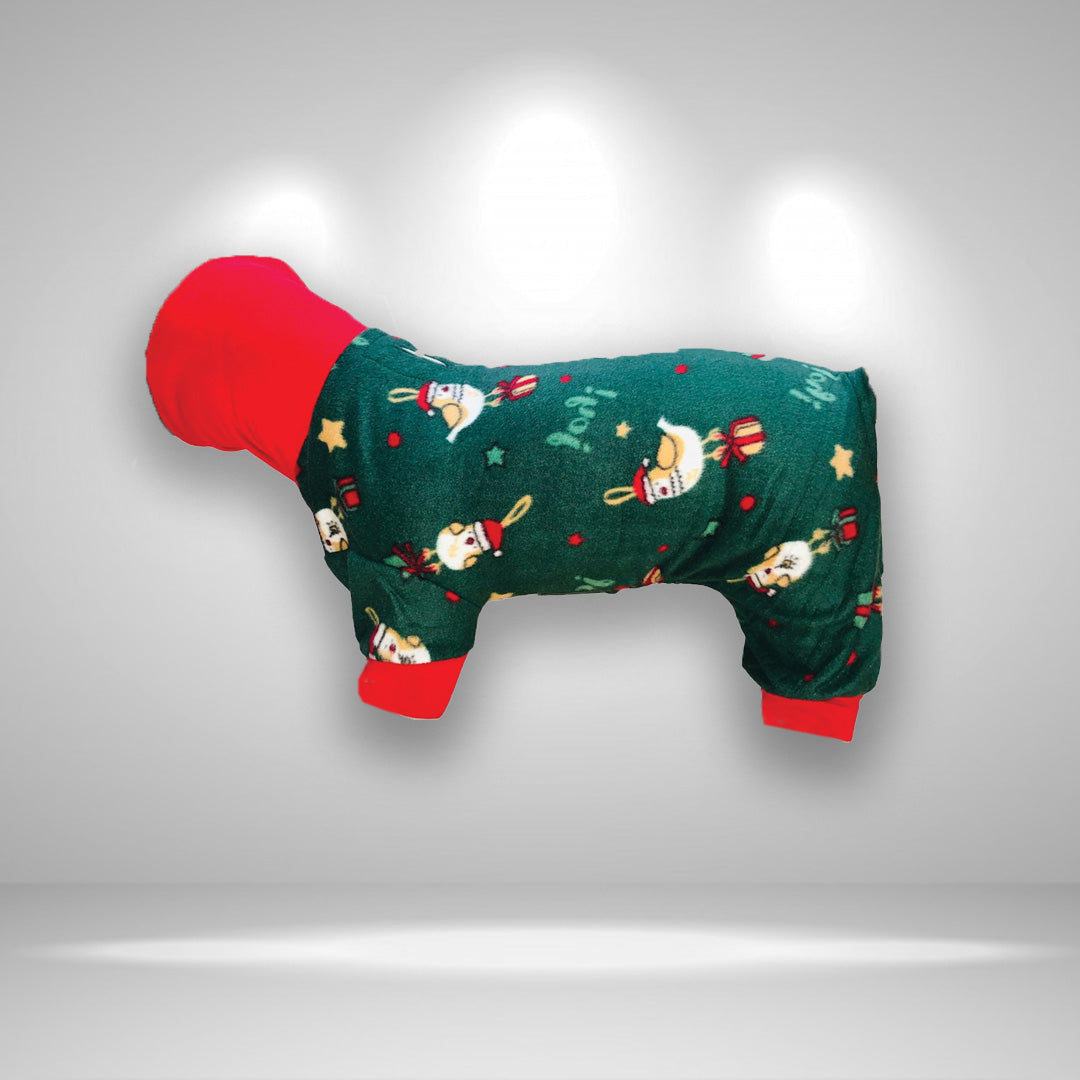 A festive green and red pet onesie with a whimsical bird design and Santa's hat.
