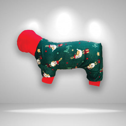 A festive green and red pet onesie with a whimsical bird design and Santa's hat.
